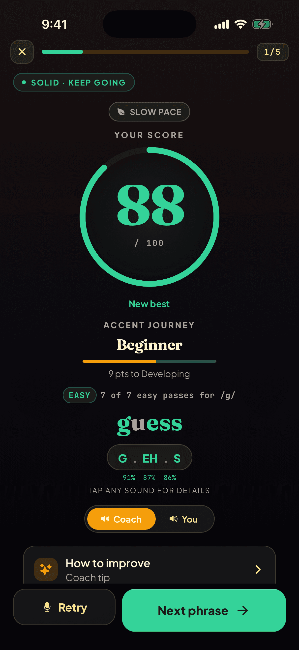 DuoAccent score screen — 88 with per-sound breakdown